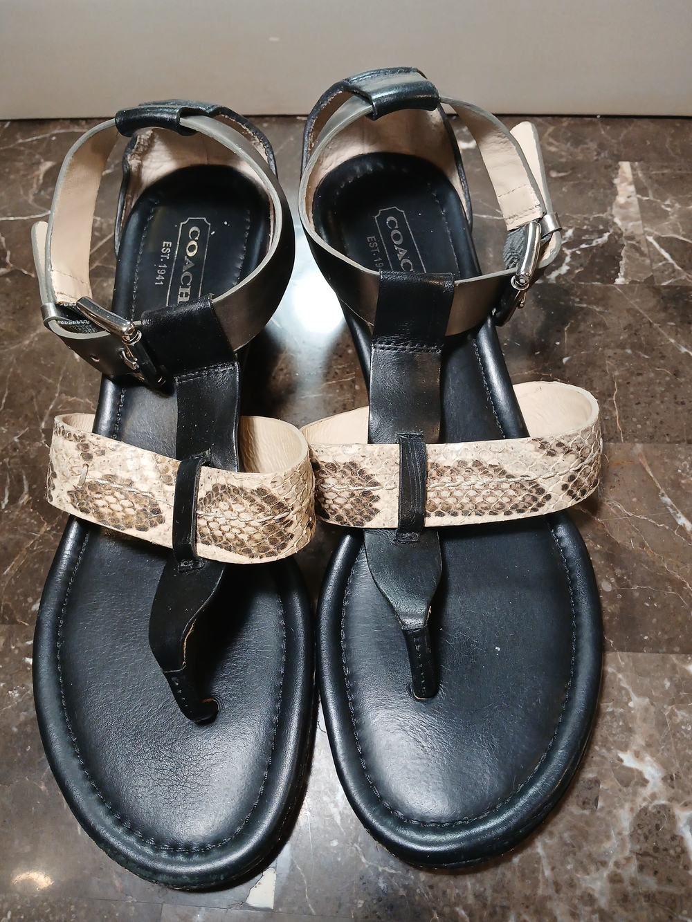 Coach Velvet Black Leather Thong Sandals with Beige Snake-Print Strap